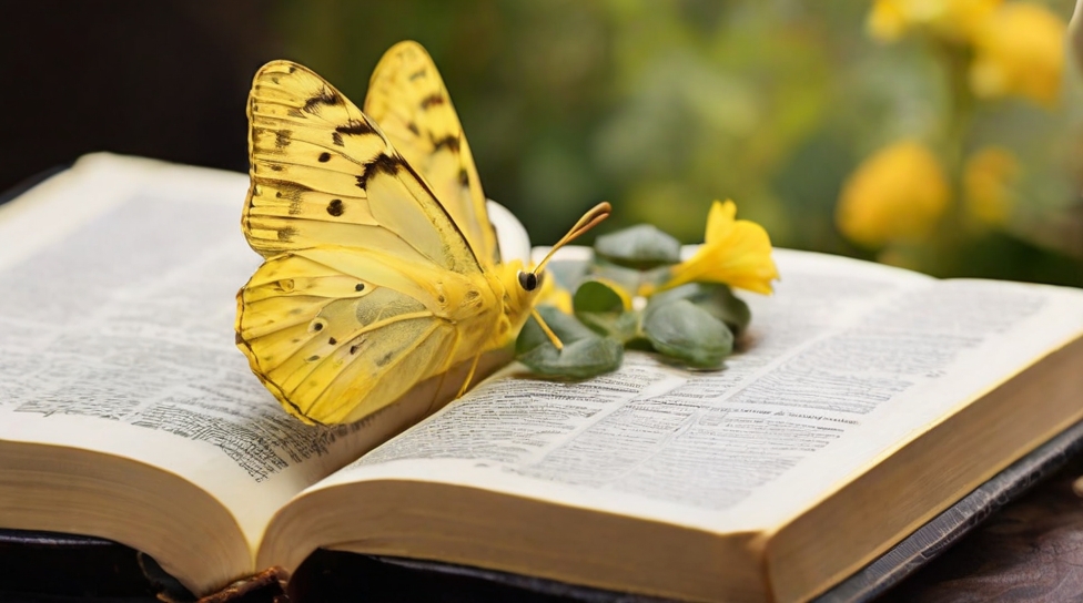 yellow butterfly sitting on an open bible