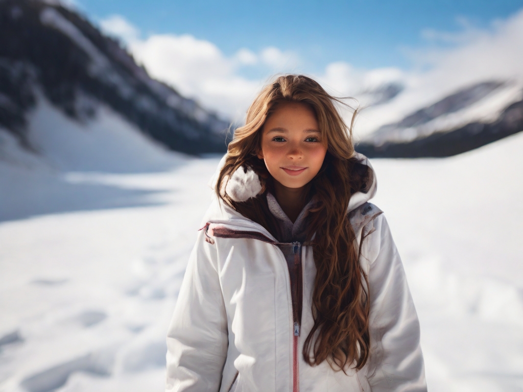 a girl in a dream walking on a pristine white blanket of snow