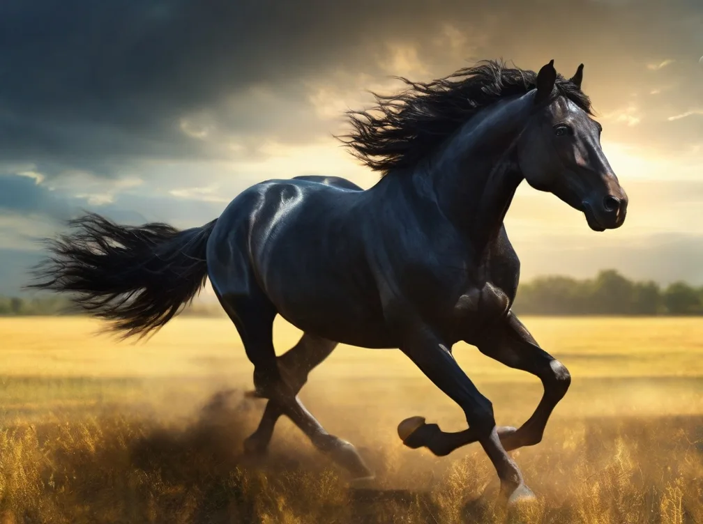 black horse galloping through an endless field