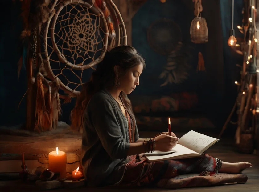 An image depicting a person meditating or journaling next to a dreamcatcher