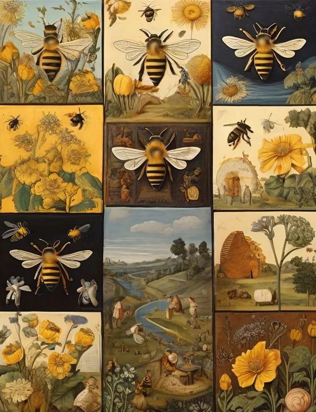 Collage depicting different biblical scenes with bees, highlighting both positive and symbolic meanings.