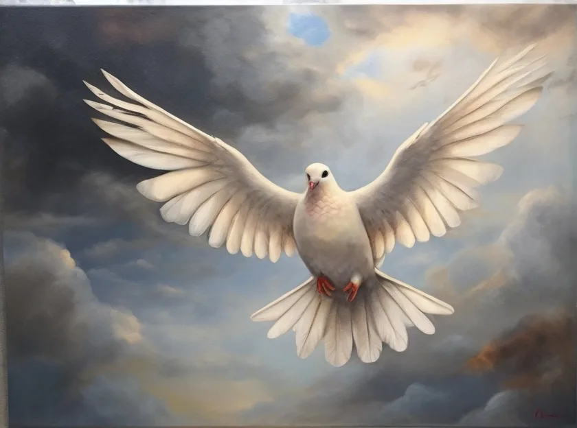 Dove soaring through a cloudy sky