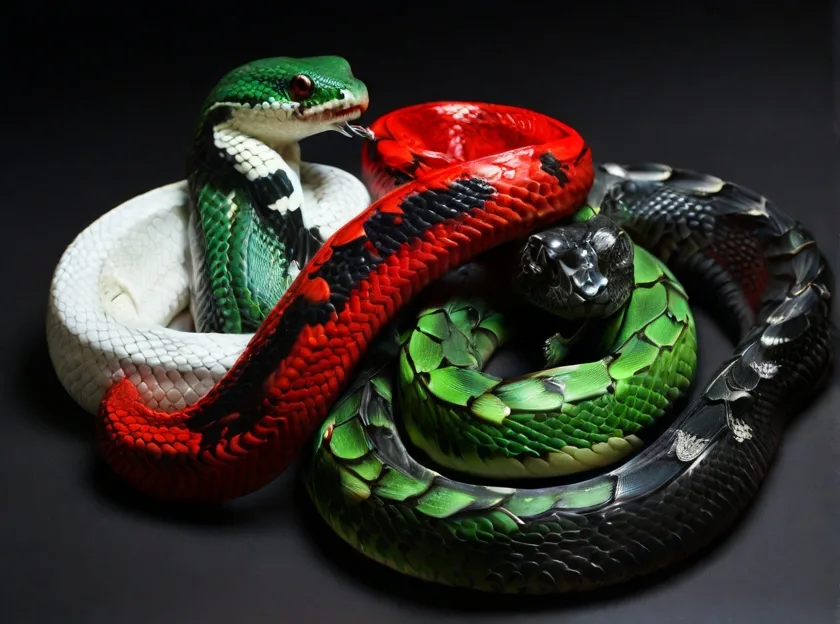 a white snake ,a green snake, a black snake, a red snake
