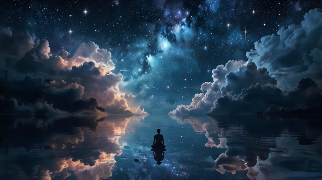 A peaceful nighttime scene with a person sitting in prayerful reflection, surrounded by dream imagery like clouds, stars, and symbolic elements.