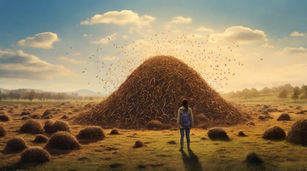 man standing in front of an anthill